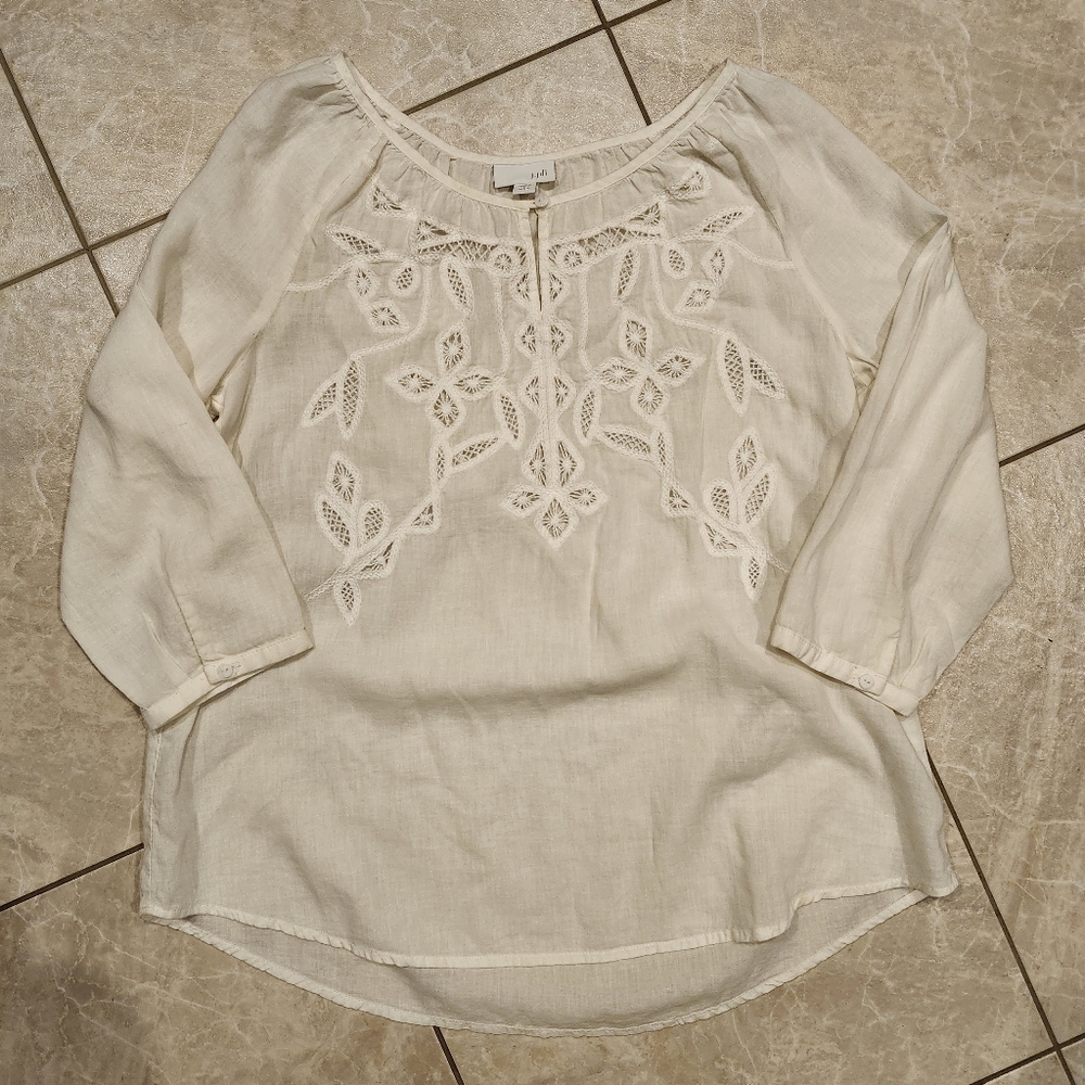 J. Jill White Tunic with NET CROCHET Lace and Embroidery Size SMALL PETITE